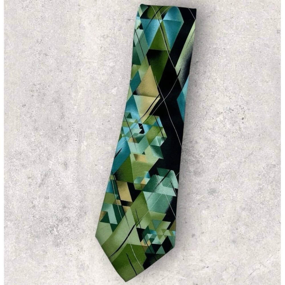 J. GARCIA Silk Tie Black Green Geometric Art W:3.2" EUC